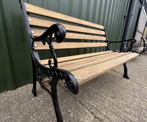 Refurbished Iron Cast Charred Oak Black Garden Patio Bench