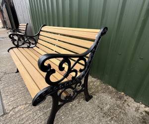 Refurbished Iron Cast Iroko Slats Black Garden Patio Bench
