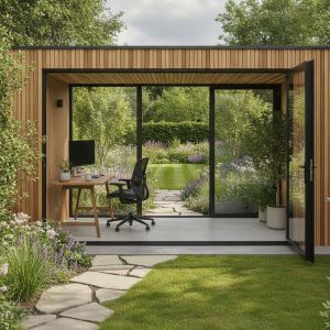 Modern UK garden room with vertical cedar cladding and glass doors