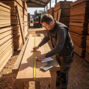 Tradesman measuring timber cladding boards in a UK yard